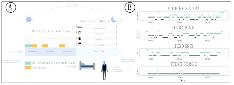 Seven-day natural-environment sleep study design and device-specific sleep staging timelines