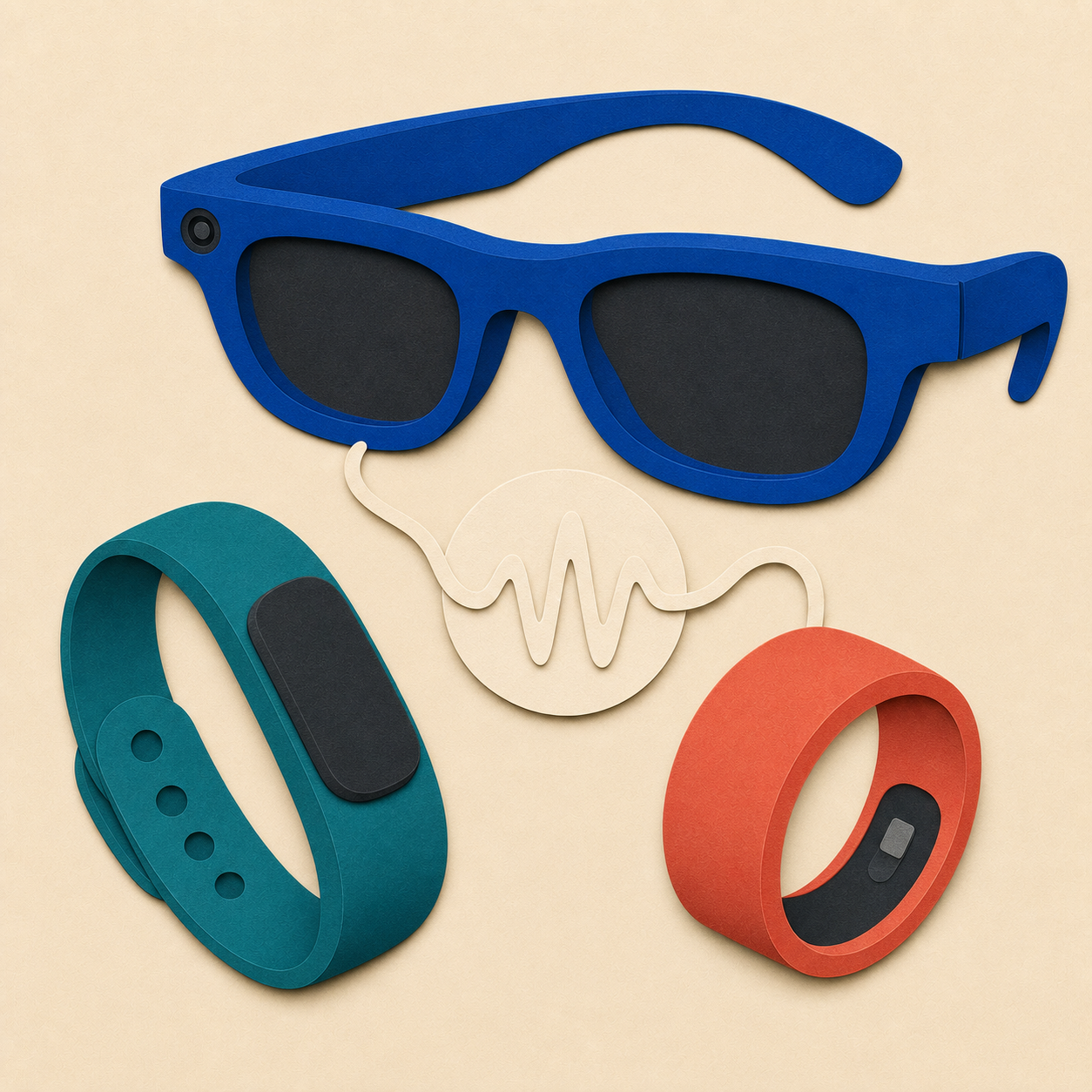 Paper-cut illustration of camera glasses, wrist-worn wearable, and smart ring