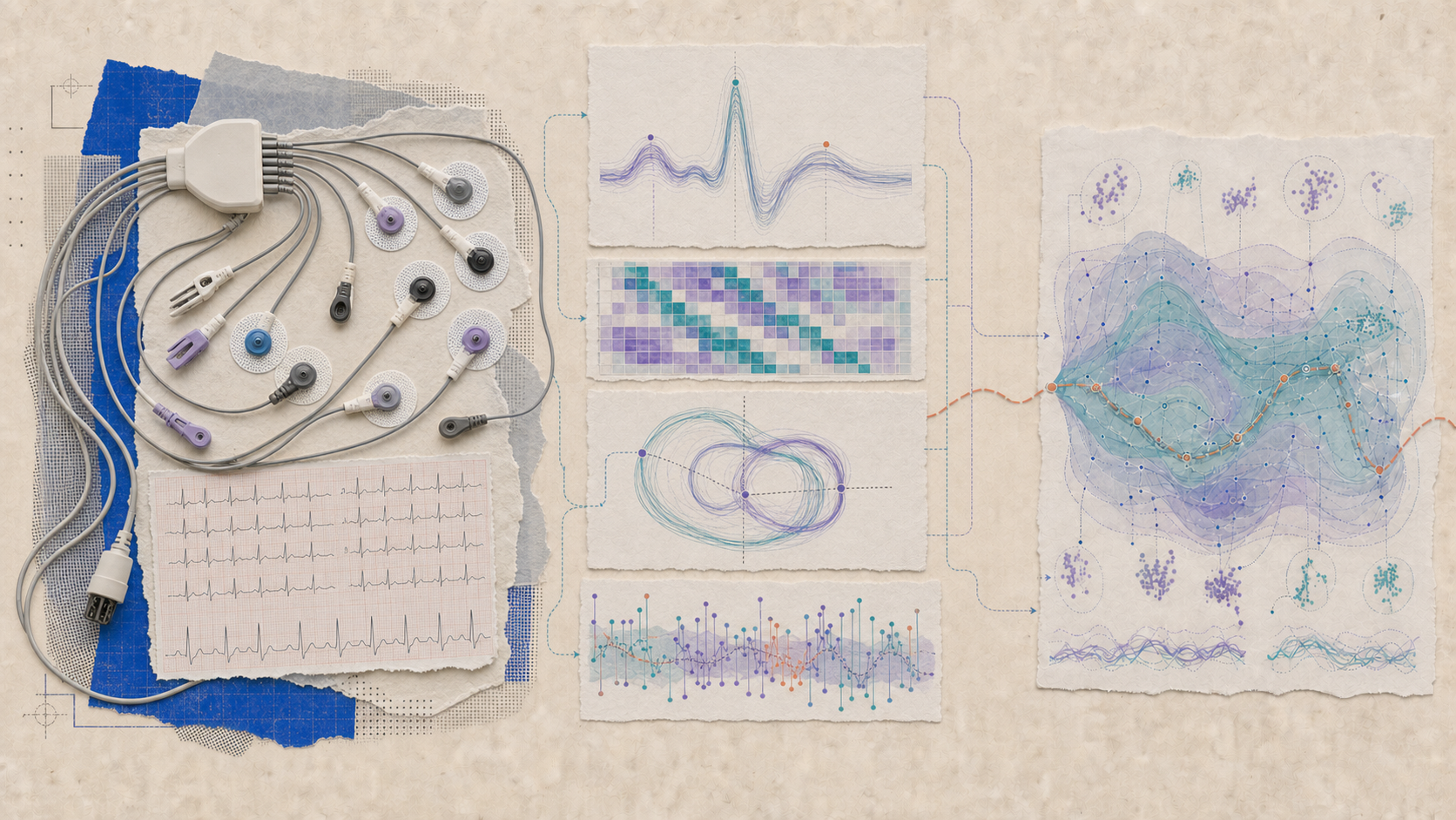 Editorial collage showing 12-lead ECG acquisition, multilead waveforms, learned signal representations, cardiac geometry, and patient-state patterns.