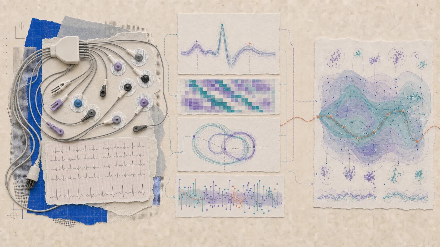 Editorial collage showing 12-lead ECG acquisition, multilead waveforms, learned signal representations, cardiac geometry, and patient-state patterns.