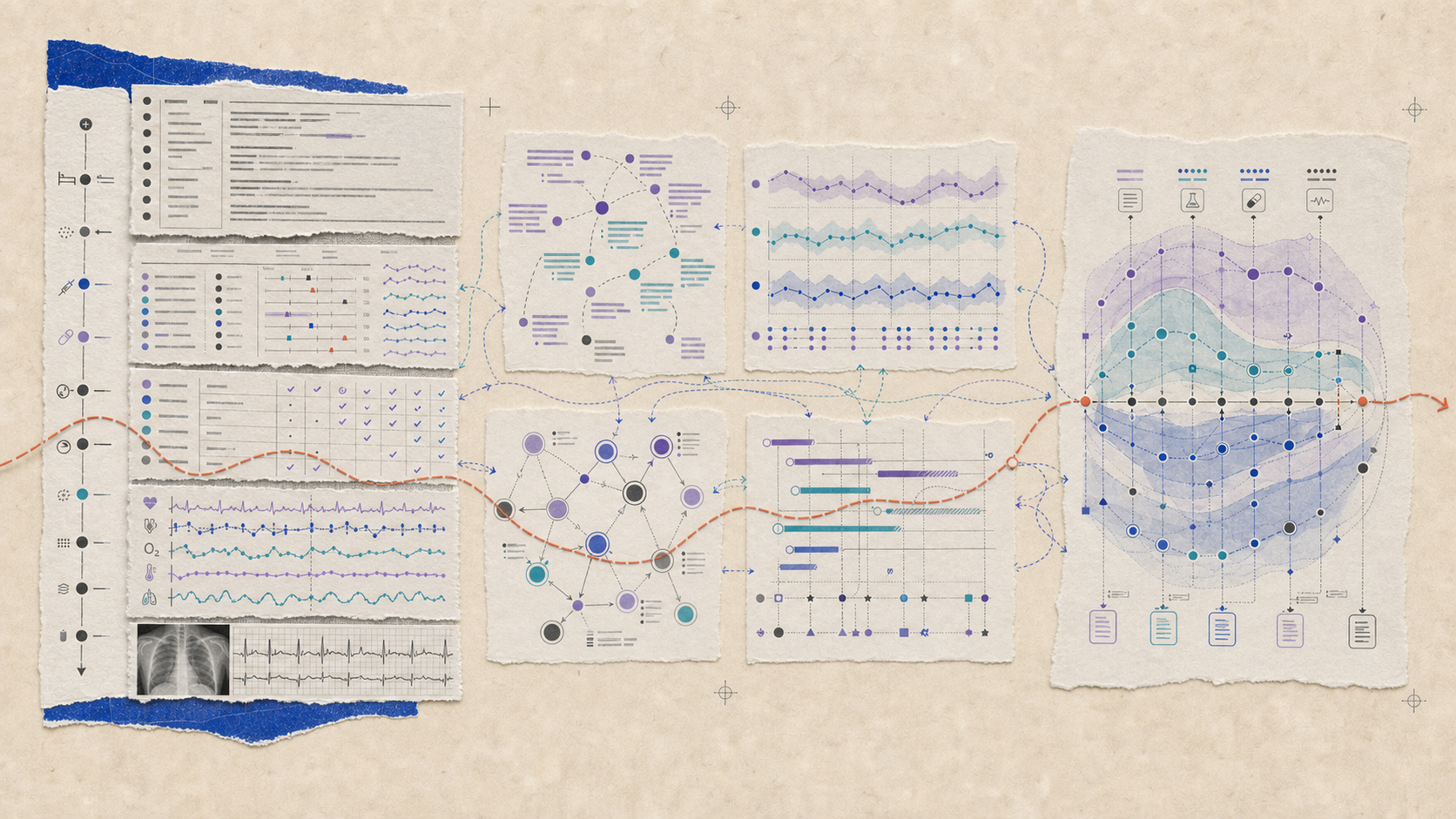 Editorial collage showing a longitudinal electronic health record, specialist agent networks, temporal evidence, verification steps, and an integrated patient representation.
