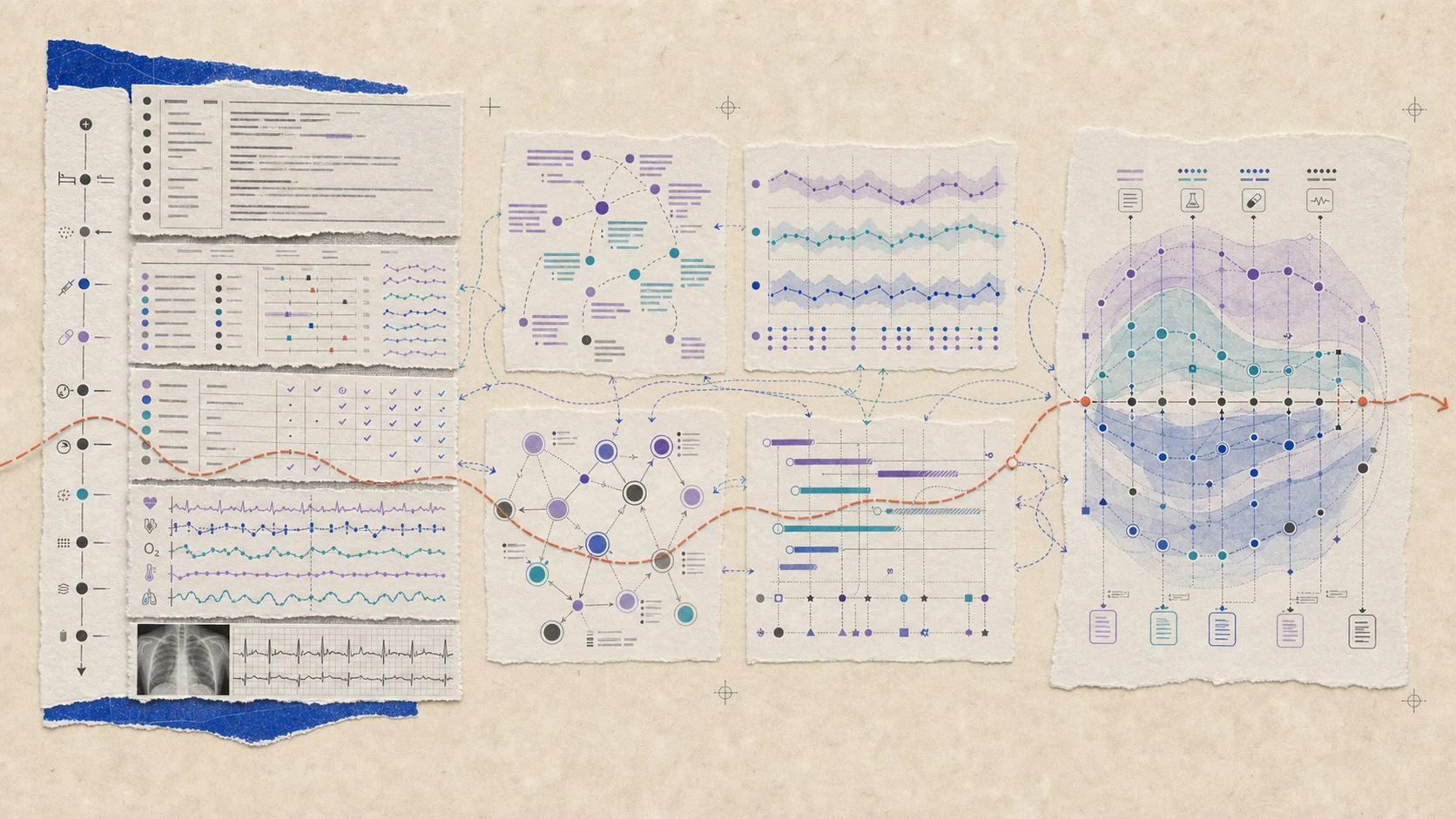 Editorial collage showing a longitudinal electronic health record, specialist agent networks, temporal evidence, verification steps, and an integrated patient representation.