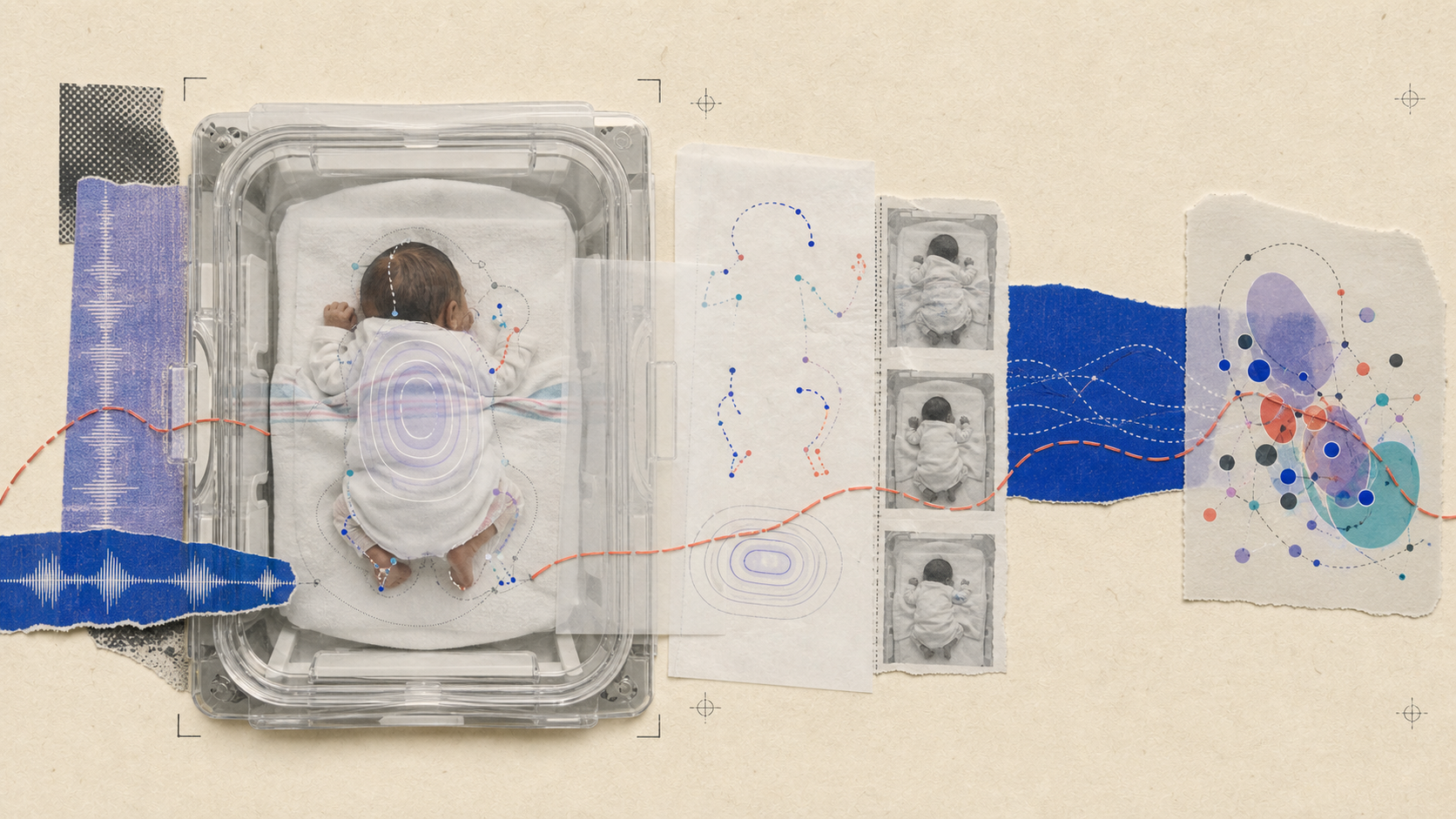 Editorial collage showing an infant in a neonatal intensive care incubator, tracked movement, pose representations, temporal video frames, and computational state patterns.