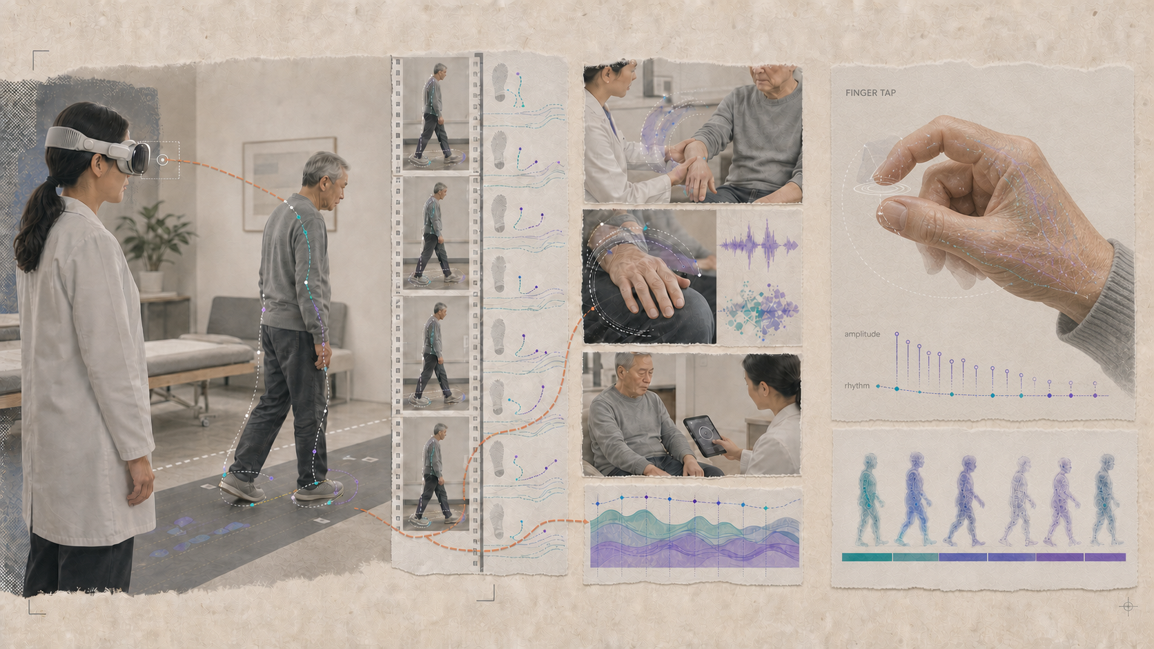 Editorial collage showing a clinician wearing a spatial headset during Parkinson's assessment, with gait, hand, finger-tapping, tremor, and longitudinal motion representations.