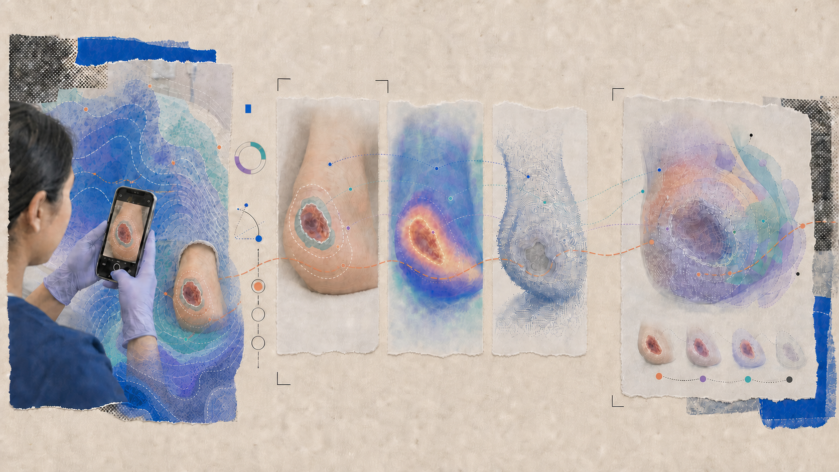 Editorial collage showing a nurse photographing a heel pressure injury and corresponding color, depth, thermal, and computational representations.