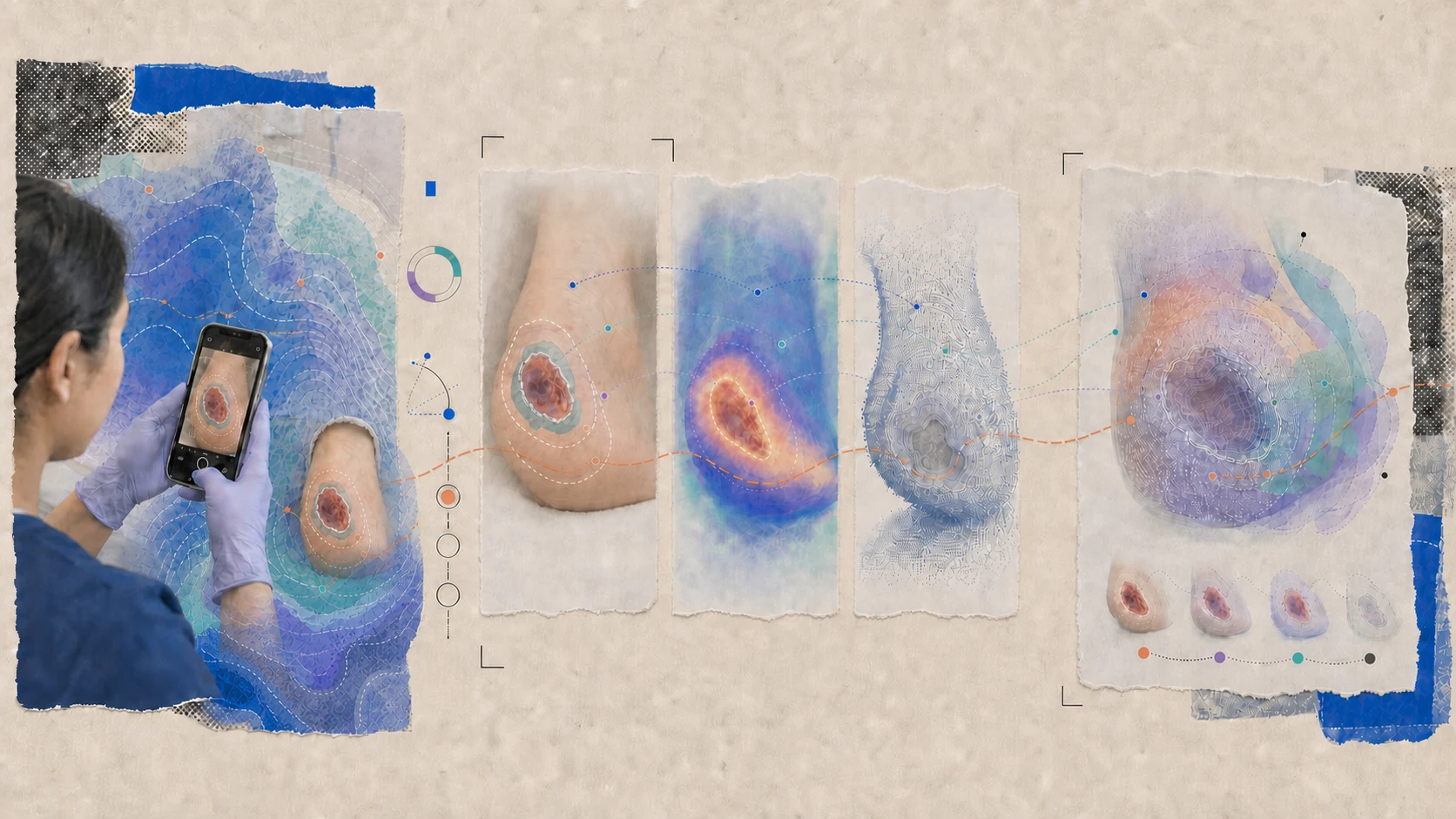 Editorial collage showing a nurse photographing a heel pressure injury and corresponding color, depth, thermal, and computational representations.