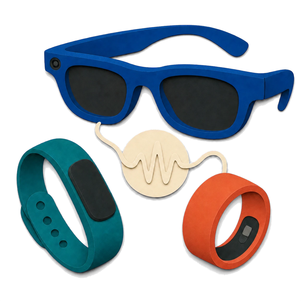 Paper-cut illustration of blue camera glasses, wrist-worn wearable, smart ring, and signal waveform