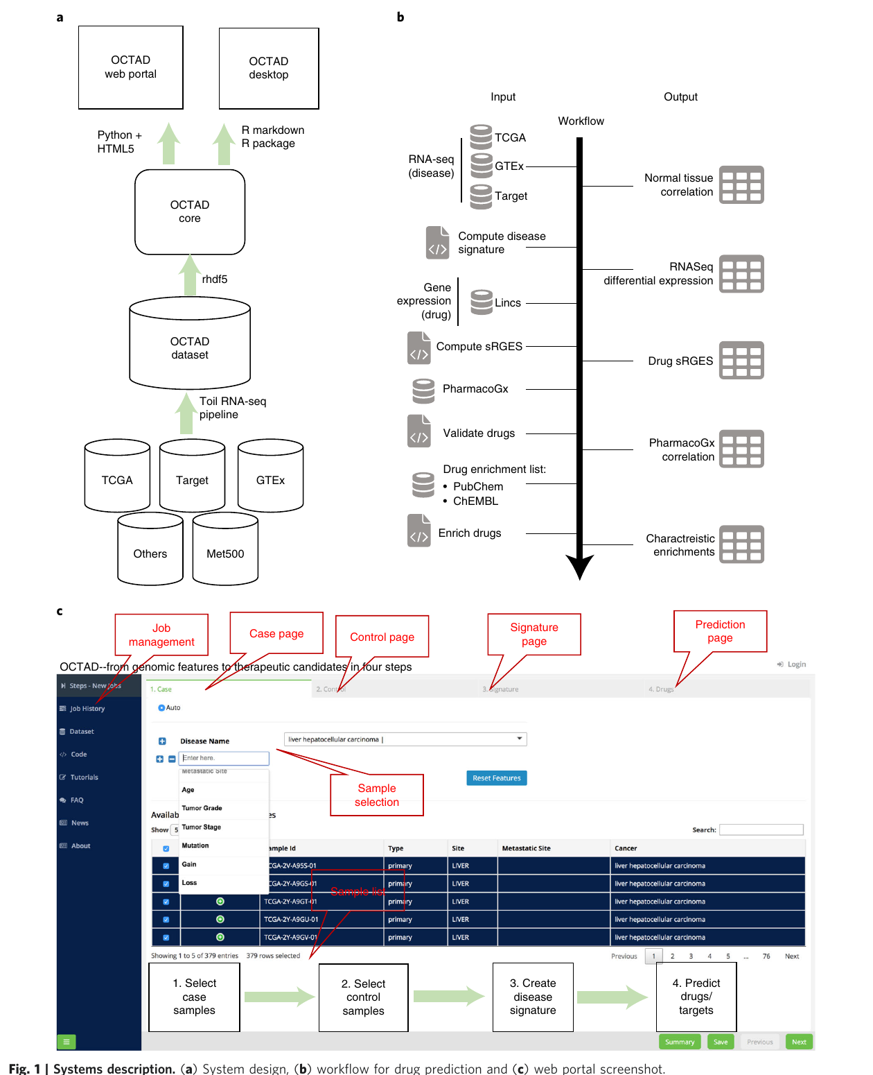 OCTAD system architecture, therapeutic prediction workflow, and web portal